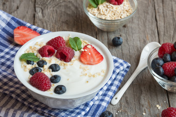 Delicious yogurt with fresh fruit and cereals