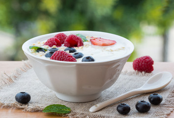 Delicious yogurt with fresh fruit and cereals