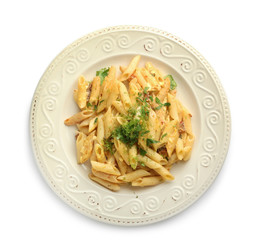 Plate with tasty pasta on white background
