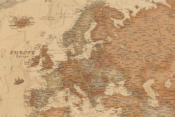 Ancient geographic map of Europe with names of the countries