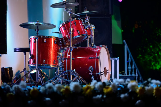 Close-up of musical drum set is ready to play in a live stage programmed.