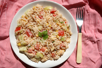 Cold salad with chicken, rice, various vegetables (tomato, pepper, cucumber, corn) and seasoning. Decorated with parsley leaves. Top view. 