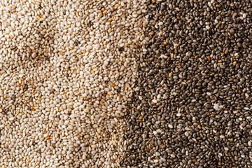 Black and white chia seeds texture. Superfood closeup, top view
