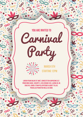 Layout of Carnaval Party invitation with colorful background with confetti. Vector