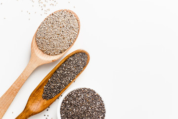 Black and white chia seeds superfood in wooden spoons on white background