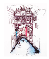Watercolor sketch Bridge of Sighs at Doge's Palace, Venice, Italy.Italy with houses and water, drawn in sketch style