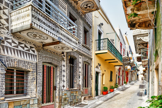 Traditional houses decorated with the scratch patterns in Pyrgi of Chios, Greece