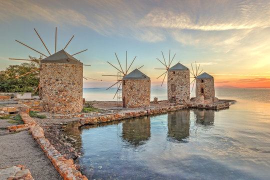 Sunrise at the windmills in Chios, Greece