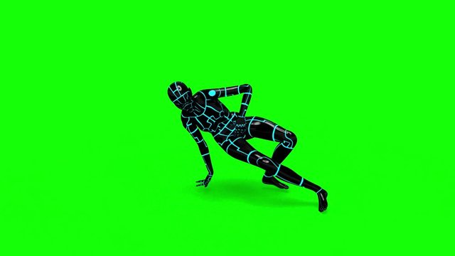 Looping animated 3D dancing robotic cyborg futuristc female doing a dance on a chroma key green screen background.