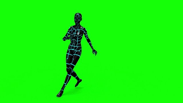 Looping animated 3D dancing robotic cyborg futuristc female doing a dance on a chroma key green screen background.