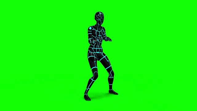 Looping animated 3D dancing robotic cyborg futuristc female doing a dance on a chroma key green screen background.