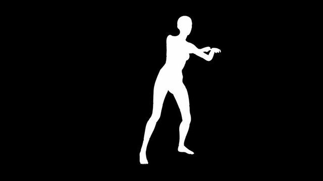 Looping animated 3D dancing female on a masked black background.