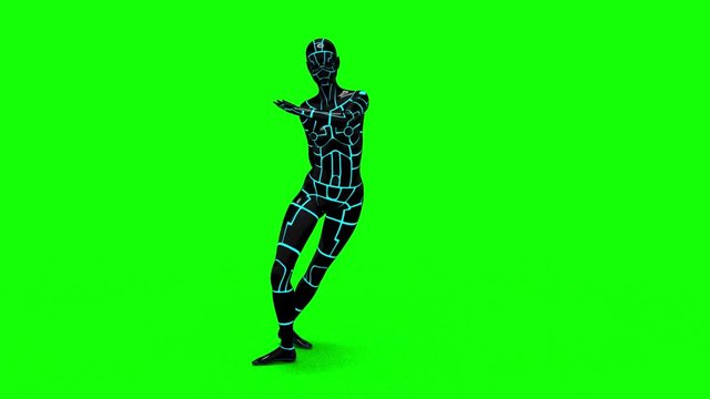 Looping animated 3D dancing robotic cyborg futuristc female doing a dance on a chroma key green screen background.
