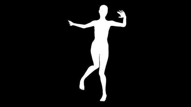 Looping animated 3D dancing female on a masked black background.