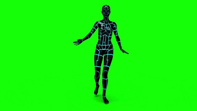 Looping animated 3D dancing robotic cyborg futuristc female doing a dance on a chroma key green screen background.