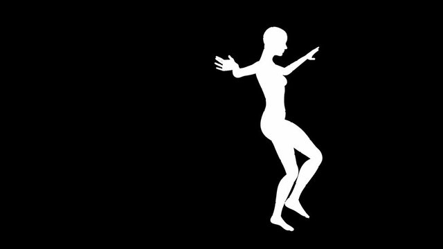 Looping animated 3D dancing female on a masked black background.
