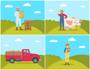 Farmer with Milk Products Set Vector Illustration