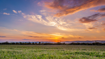 sunset over green field