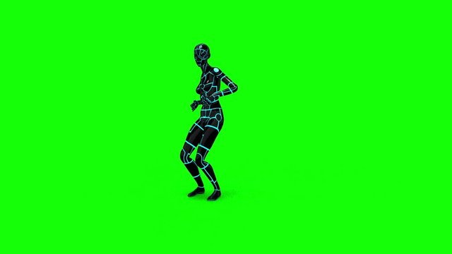 Looping animated 3D dancing robotic cyborg futuristc female doing a dance on a chroma key green screen background.