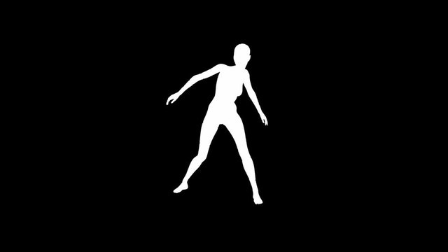 Looping animated 3D dancing female on a masked black background.