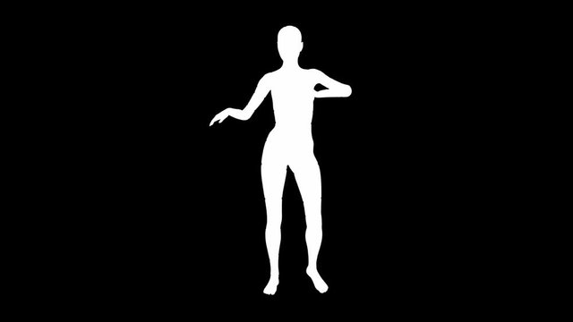 Looping animated 3D dancing female on a masked black background.