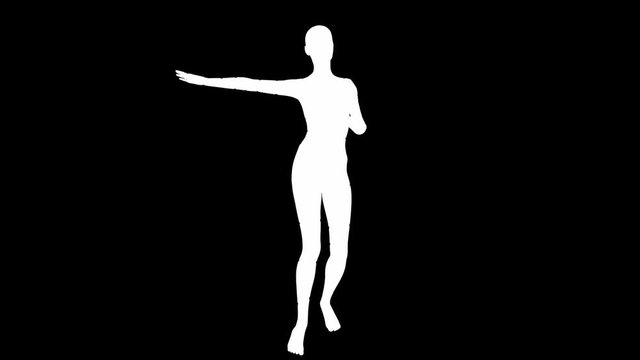 Looping animated 3D dancing female on a masked black background.