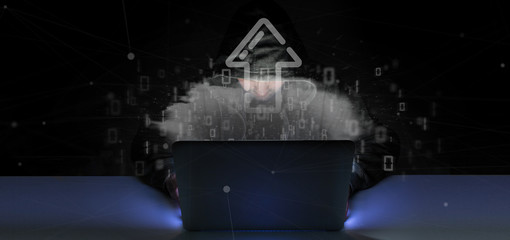 Man hacking a Binary cloud with upload internet arrow 3d rendering