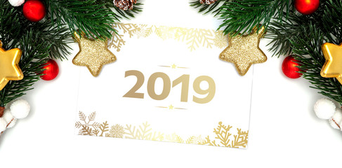 Fototapeta na wymiar 2019 new year's eve holidays greeting card with decoration on background