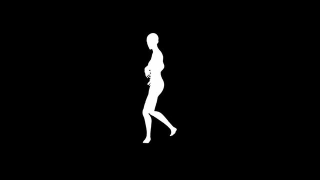 Looping animated 3D dancing female on a masked black background.