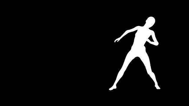 Looping animated 3D dancing female on a masked black background.