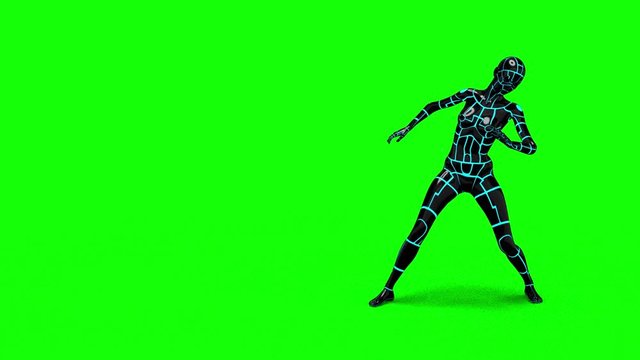 Looping animated 3D dancing robotic cyborg futuristc female doing a dance on a chroma key green screen background.