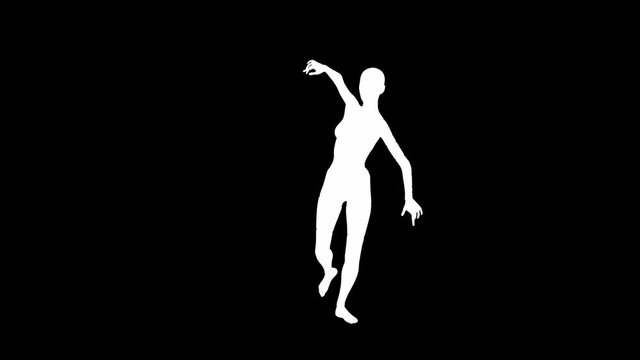 Looping animated 3D dancing female on a masked black background.