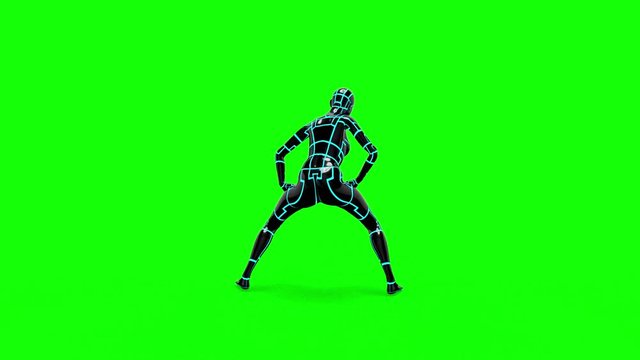 Looping animated 3D dancing robotic cyborg futuristc female doing a dance on a chroma key green screen background.