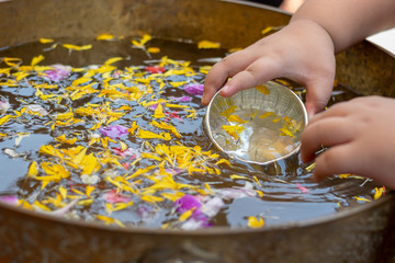 Water in bowl mixed with perfume and flowers for Songkran festival, Thailand (selective focus)