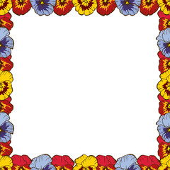 Frame of flowers. Beautiful frame of colorful pansies. Ready template for your design, vector illustration.