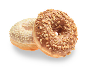 Sweet tasty donuts on white background