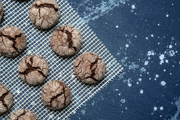 Tasty chocolate cookies on color background