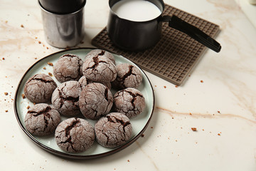 Tasty chocolate cookies with milk on light table