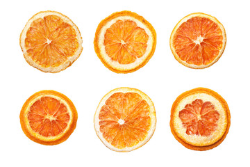 Dry orange slices isolated on white. Separated cuts for graphic design pattern.