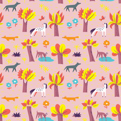 Seamless pattern with forest inhabitants. Background with wild animals and tree