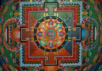 Square mandala on the ceiling of a Tibetan monastery
