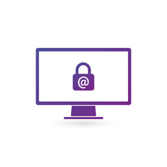 Computer monitor icon, Lock and commercial at or mail sign. Mail security concept. Encrypted data. Flat design vector illustration isolated on white background.