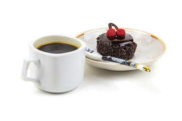 Hot coffee, dessert cake with chocolate icing and cherry on a saucer, isolated on white background