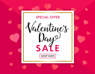 Valentines day sale background with pink hearts shaped. Special offer for valentine`s day banner, wallpaper, flyers, invitation, posters, brochures. Vector illustration 