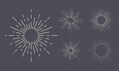 Set of light rays, sunburst. Vintage explosion effect. Retro decorative elements. Elements for design badge, logo, banner. Vector illustration