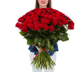 Young woman with bouquet of roses on white background, closeup