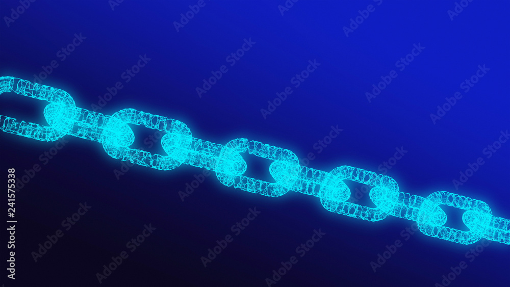Poster digital data and network connection structure of illuminated blockchain shape on blue background. da