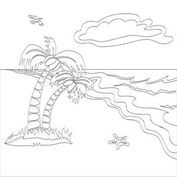 Vector outlined illustration of a tropical beach scene. Can use for coloring book.