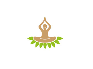 Person set on leaves hands up and smile doing meditation and yoga for health Green for logo design