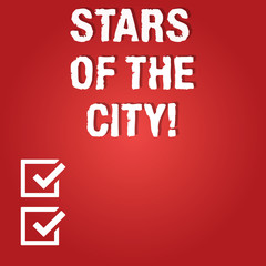 Fototapeta premium Word writing text Stars Of The City. Business concept for Sparkling night in the cities brilliant illuminated Blank Color Rectangular Shape with Round Light Beam Glowing in Center